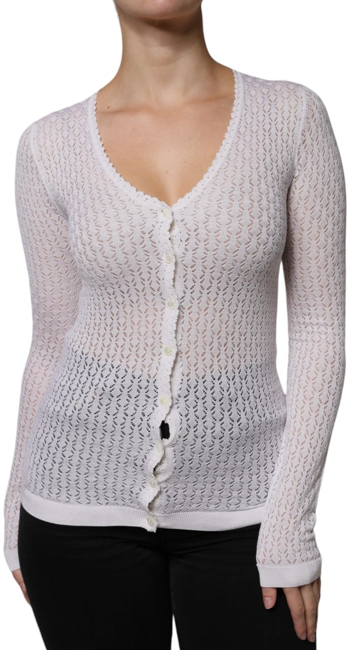 Dolce & Gabbana White Silk Button Down Cardigan Sweater Wit