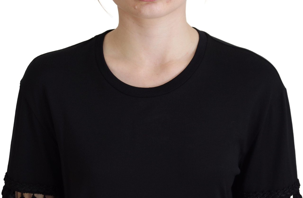 Dolce & Gabbana Black T-shirt Blouse Tassle Cotton Blouse Zwart