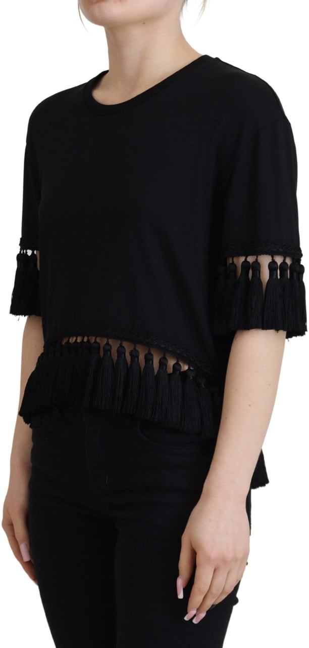 Dolce & Gabbana Black T-shirt Blouse Tassle Cotton Blouse Zwart