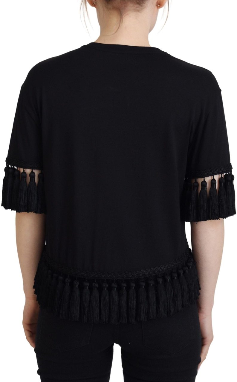 Dolce & Gabbana Black T-shirt Blouse Tassle Cotton Blouse Zwart