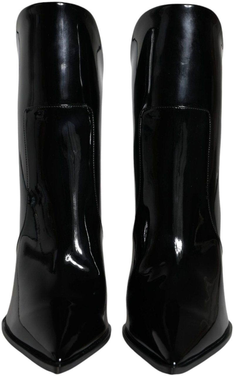 Dolce & Gabbana Black Patent Leather Pointed Ankle Boots Shoes Zwart