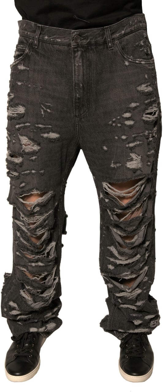 Dolce & Gabbana Gray Tattered Cotton Straight Men Denim Jeans Grijs