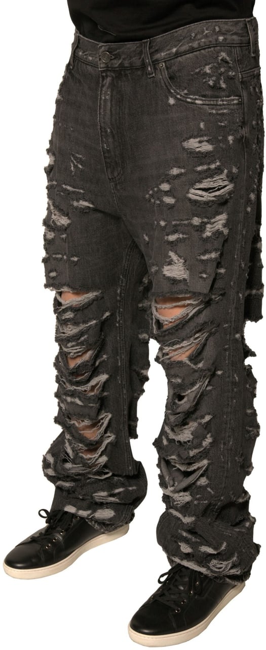 Dolce & Gabbana Gray Tattered Cotton Straight Men Denim Jeans Grijs