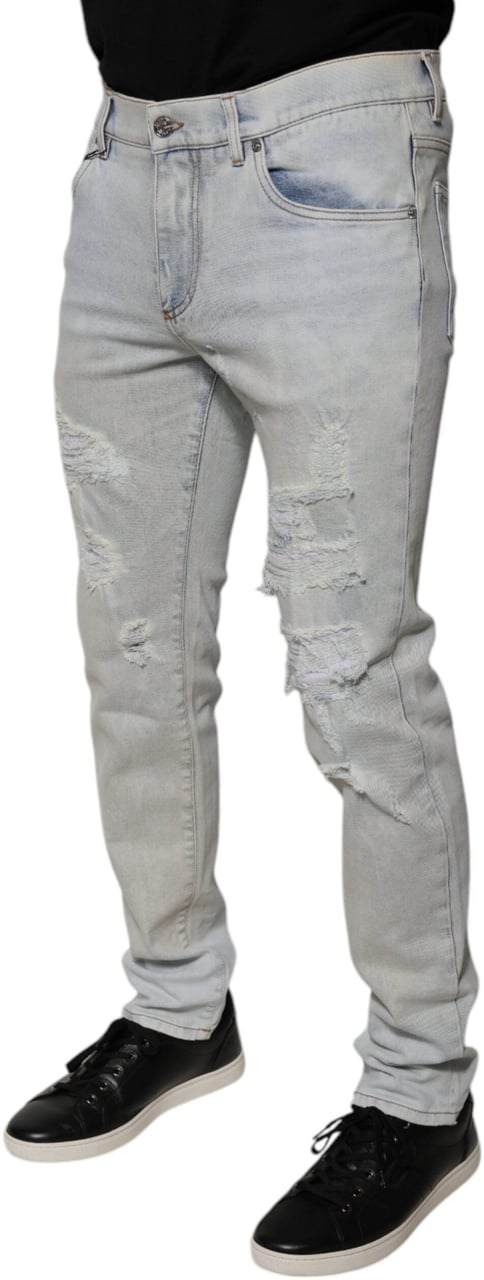 Dolce & Gabbana Light Blue Cotton Blend Tattered Skinny Denim Jeans Blauw