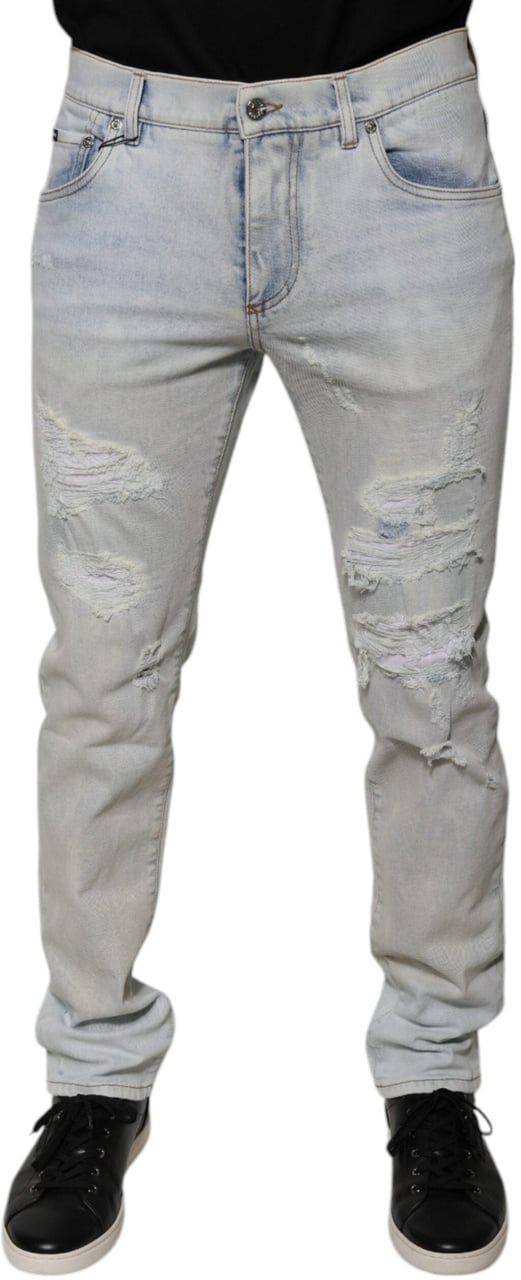Dolce & Gabbana Light Blue Cotton Blend Tattered Skinny Denim Jeans Blauw