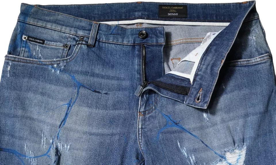 Dolce & Gabbana Blue Cotton Stretch Tattered Skinny Denim Jeans Blauw