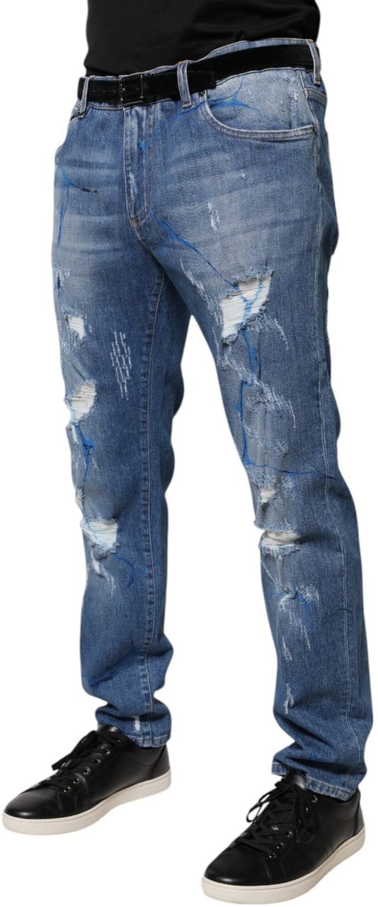 Dolce & Gabbana Blue Cotton Stretch Tattered Skinny Denim Jeans Blauw