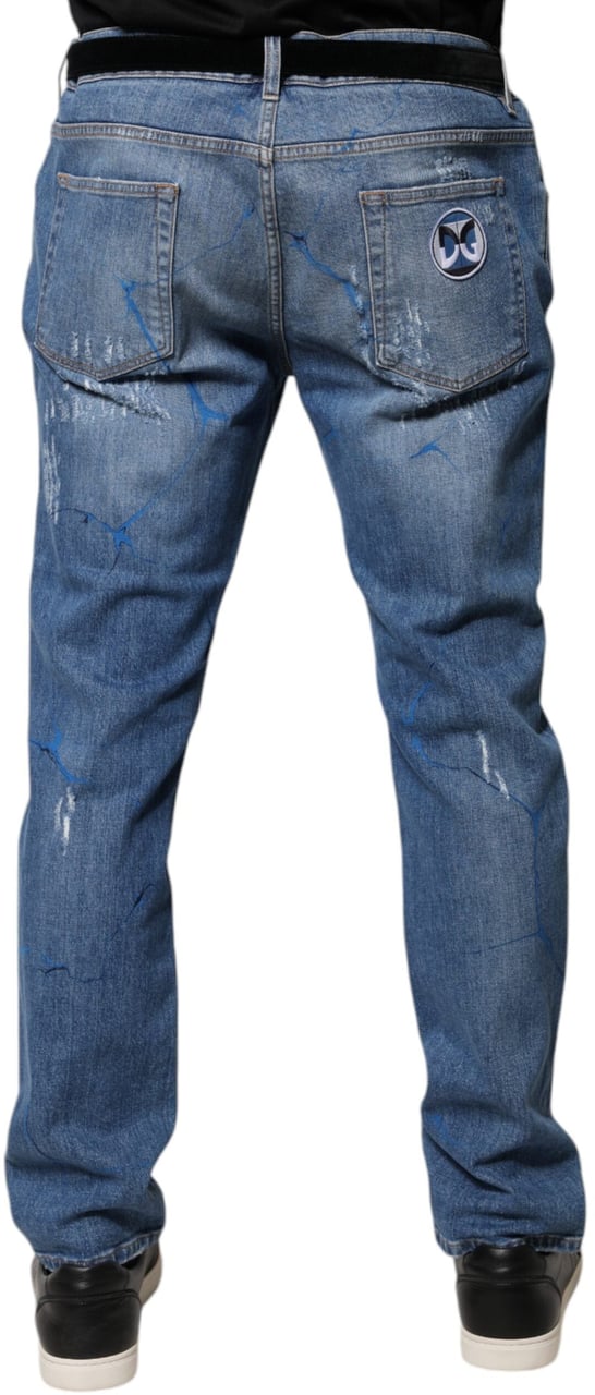 Dolce & Gabbana Blue Cotton Stretch Tattered Skinny Denim Jeans Blauw