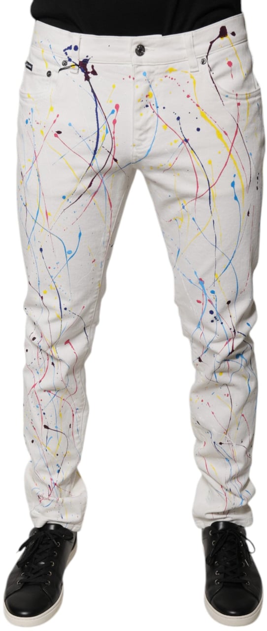 Dolce & Gabbana White Color Splash Print Skinny Denim Jeans Wit