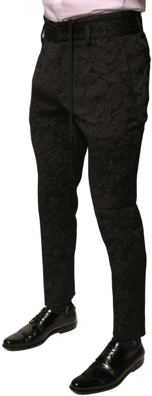 Dolce & Gabbana Black Brocade Polyester Skinny Men Dress Pants Zwart