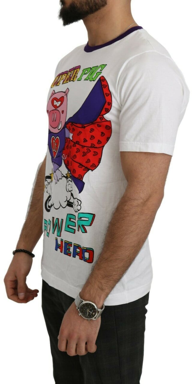 Dolce & Gabbana White Cotton Top Super Power Pig T-shirt Wit
