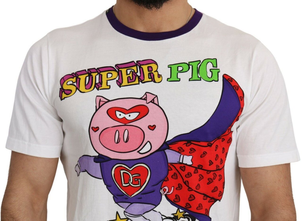Dolce & Gabbana White Cotton Top Super Power Pig T-shirt Wit