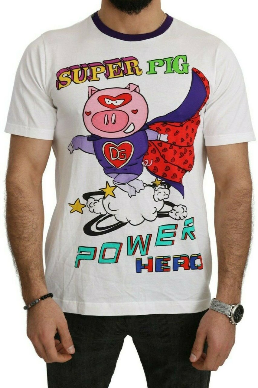 Dolce & Gabbana White Cotton Top Super Power Pig T-shirt Wit