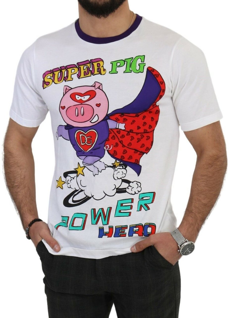Dolce & Gabbana White Cotton Top Super Power Pig T-shirt Wit