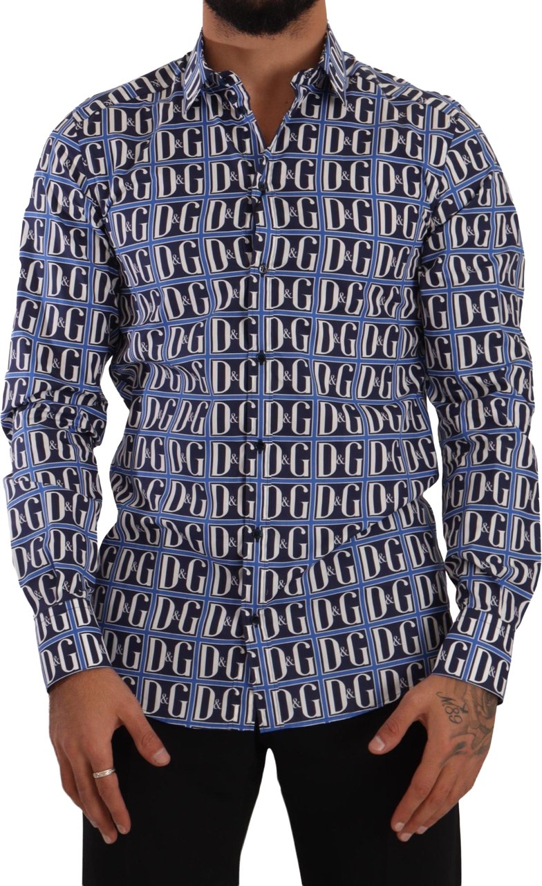 Dolce & Gabbana Blue Logo Mania Slim Fit Cotton Shirt Blauw