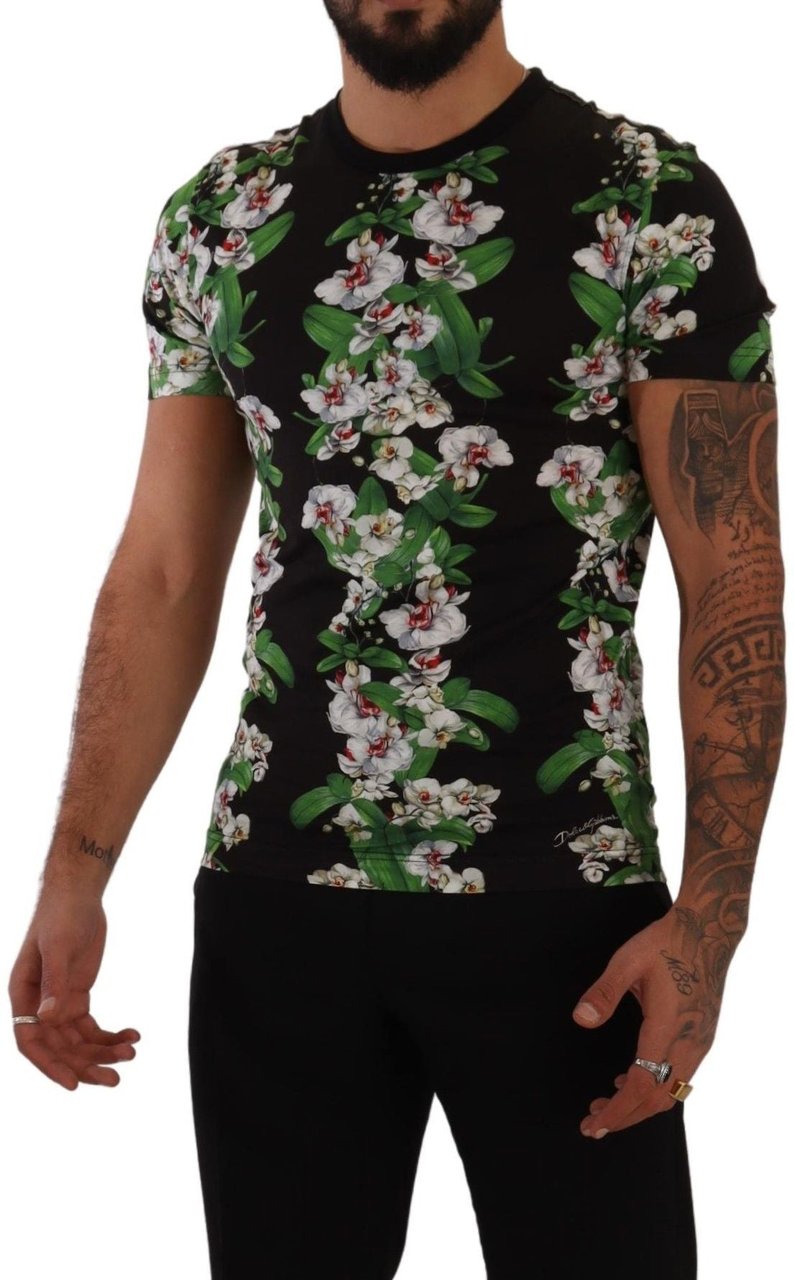 Dolce & Gabbana Black Floral Print Crewneck T-shirt Zwart
