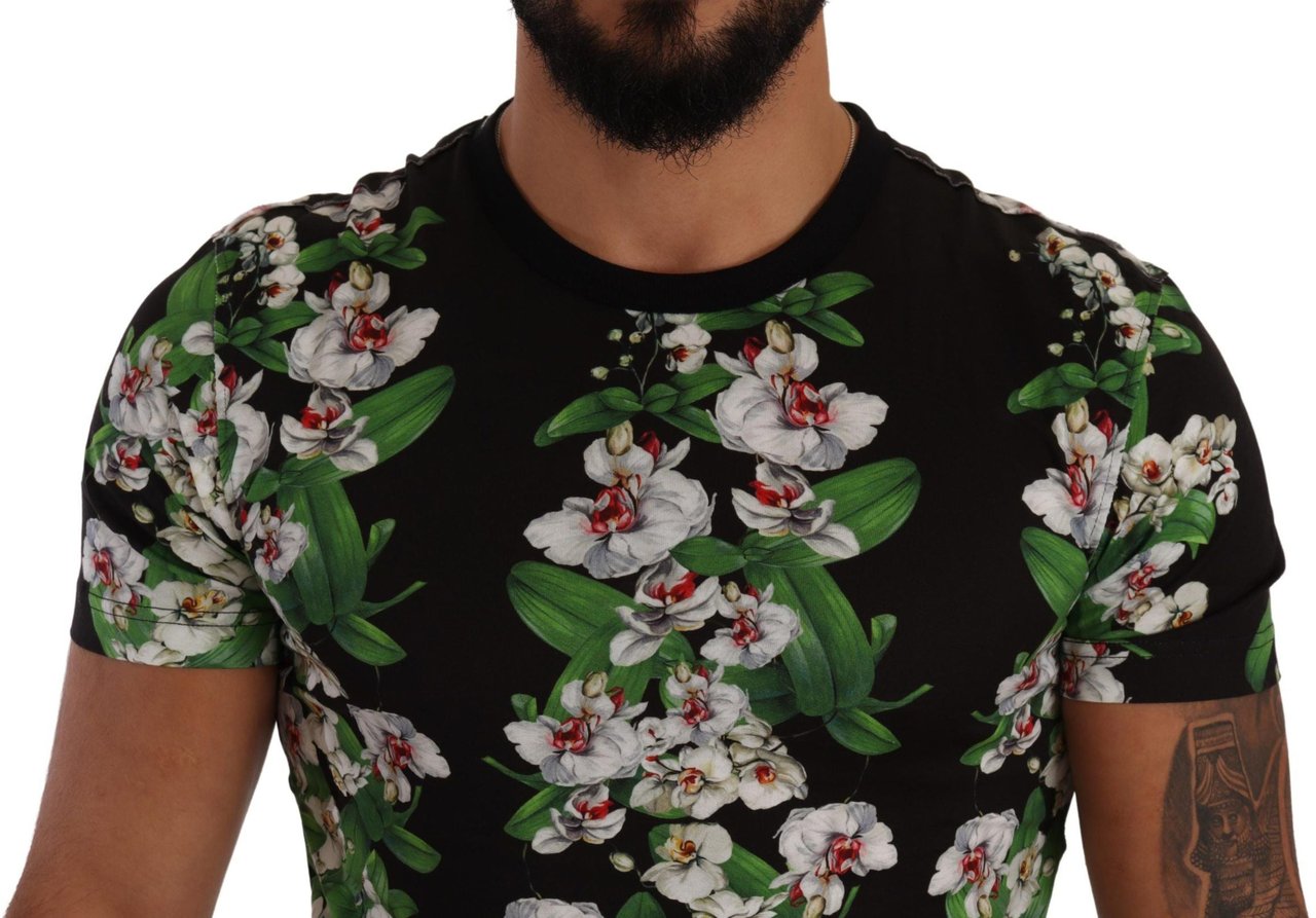 Dolce & Gabbana Black Floral Print Crewneck T-shirt Zwart