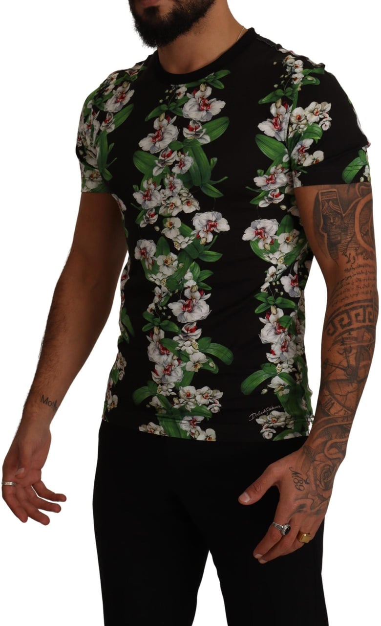 Dolce & Gabbana Black Floral Print Crewneck T-shirt Zwart