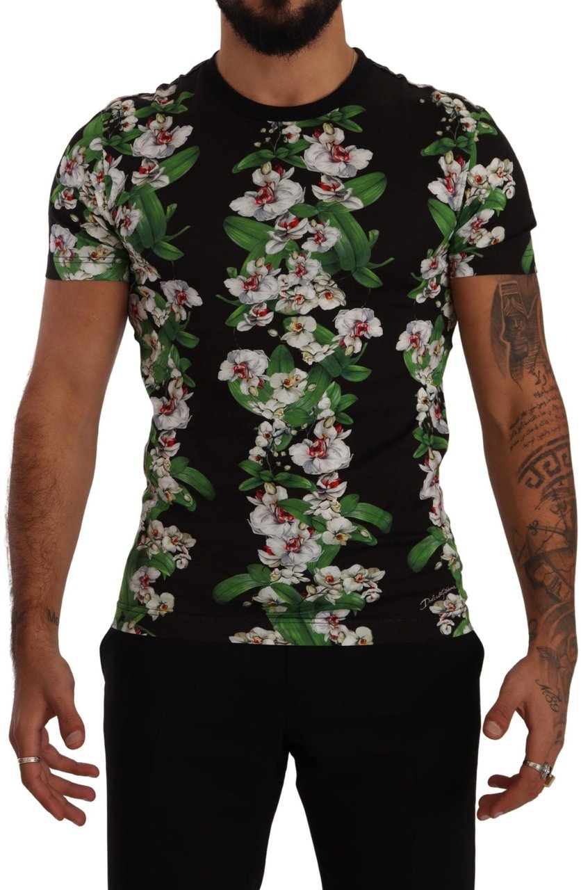 Dolce & Gabbana Black Floral Print Crewneck T-shirt Zwart