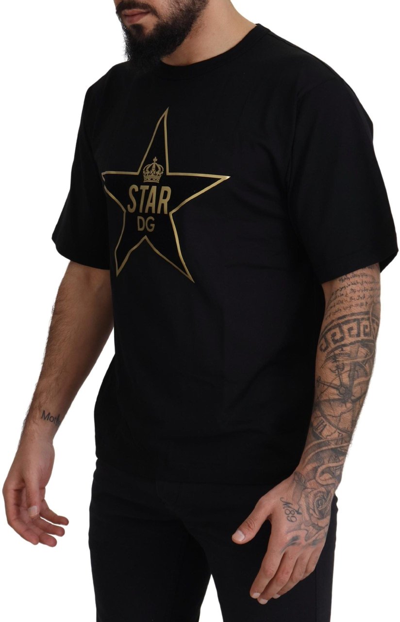 Dolce & Gabbana Black Gold STAR Crown DG Cotton Crewneck T-shirt Zwart