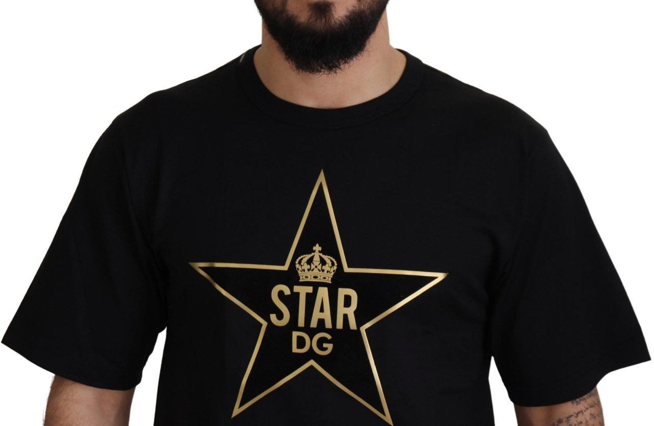 Dolce & Gabbana Black Gold STAR Crown DG Cotton Crewneck T-shirt Zwart