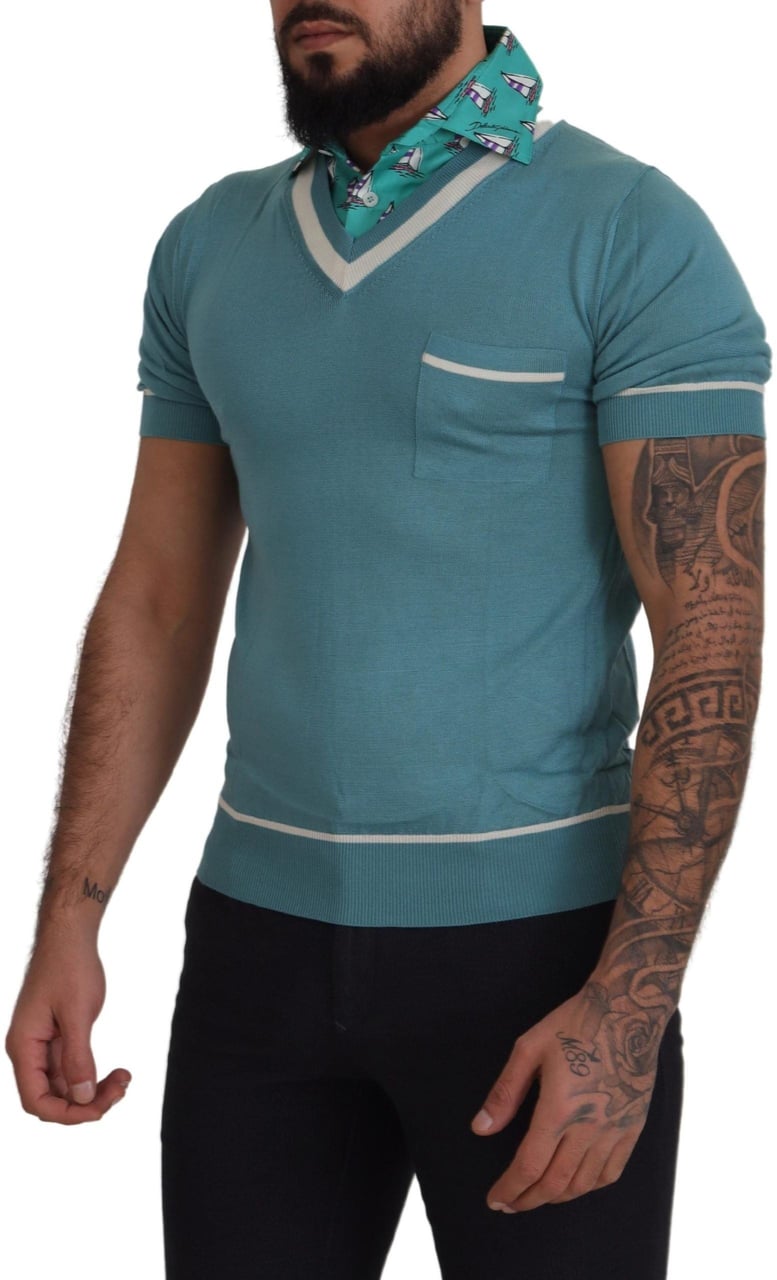 Dolce & Gabbana Blue Silk Polo Top Mens V-neck T-shirt Blauw