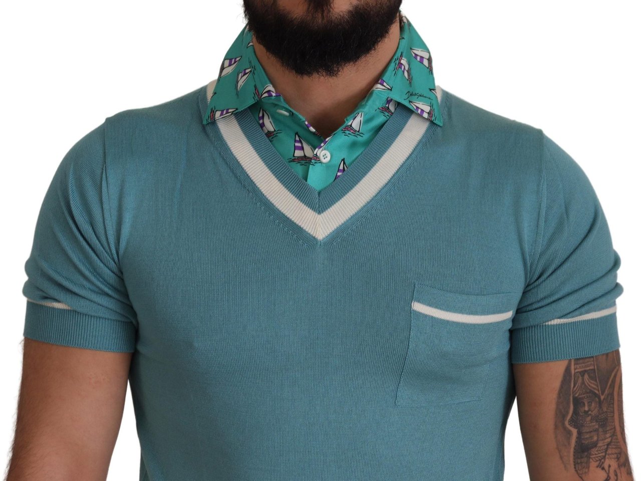 Dolce & Gabbana Blue Silk Polo Top Mens V-neck T-shirt Blauw