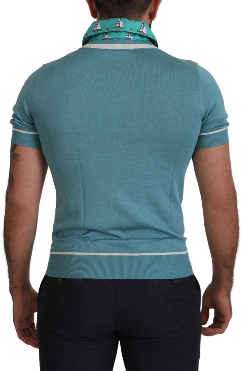 Dolce & Gabbana Blue Silk Polo Top Mens V-neck T-shirt Blauw