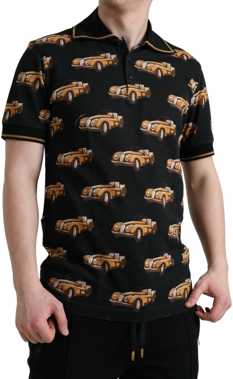 Dolce & Gabbana Black Car Print Short Sleeve Polo T-shirt Zwart