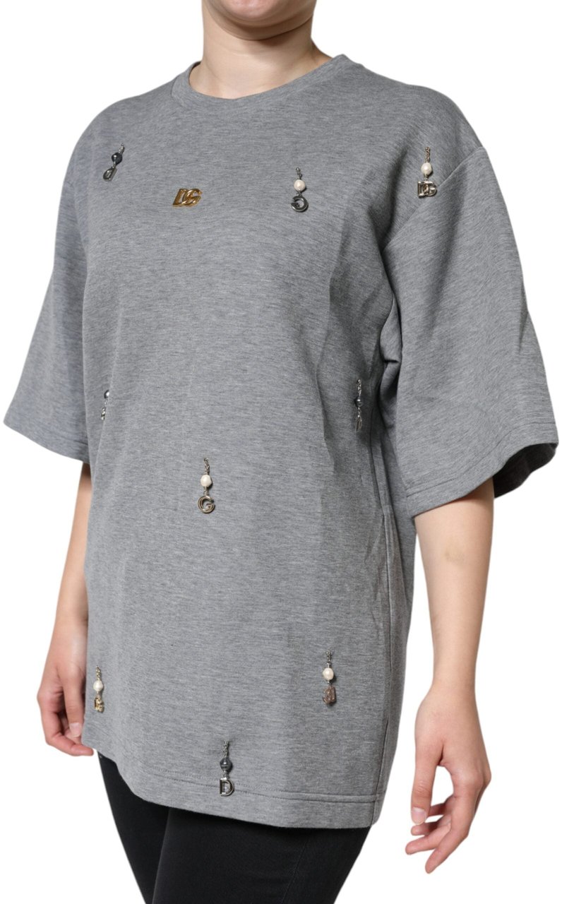Dolce & Gabbana Gray Cotton Blend Embellished Tee T-shirt Groen