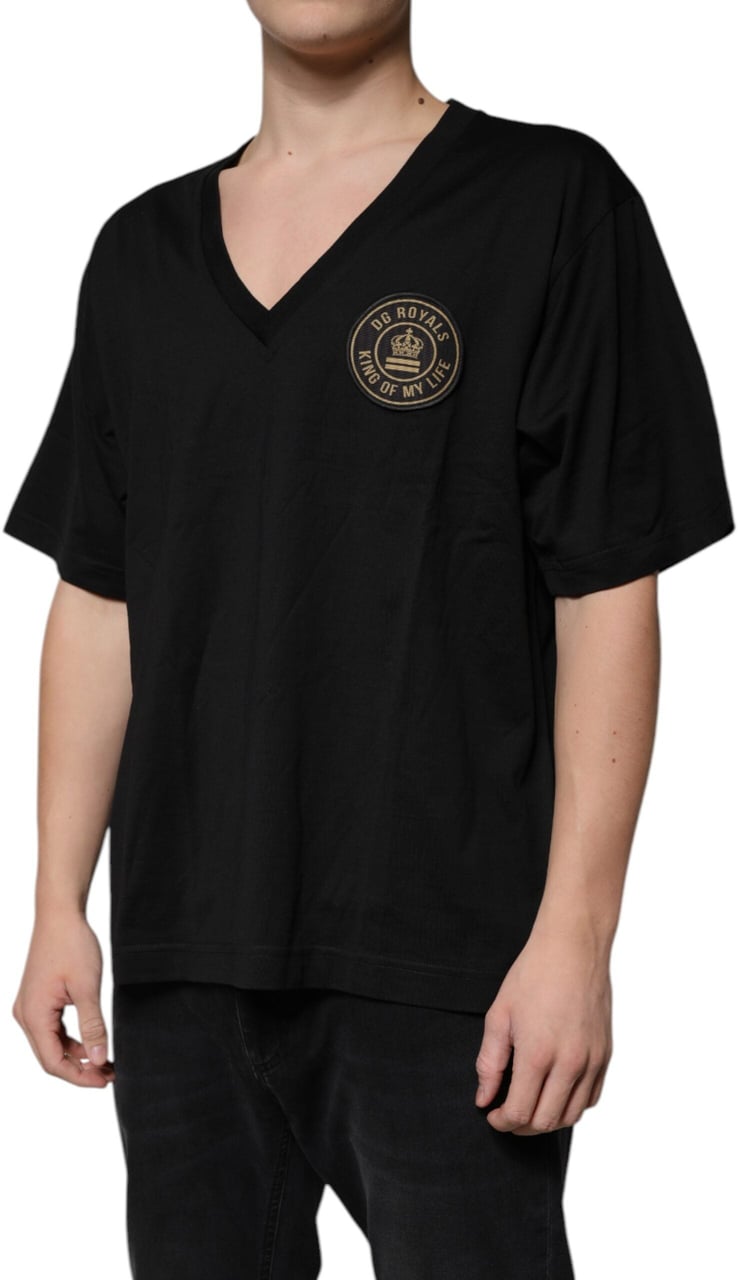Dolce & Gabbana Black Cotton Logo Vneck Short Sleeve T-shirt Zwart