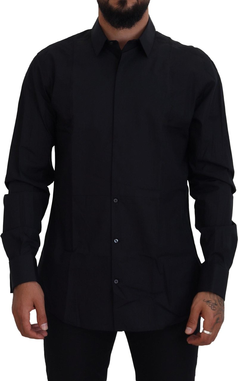 Dolce & Gabbana Black Gold Cotton Slim Fit Dress Mens Shirt Zwart