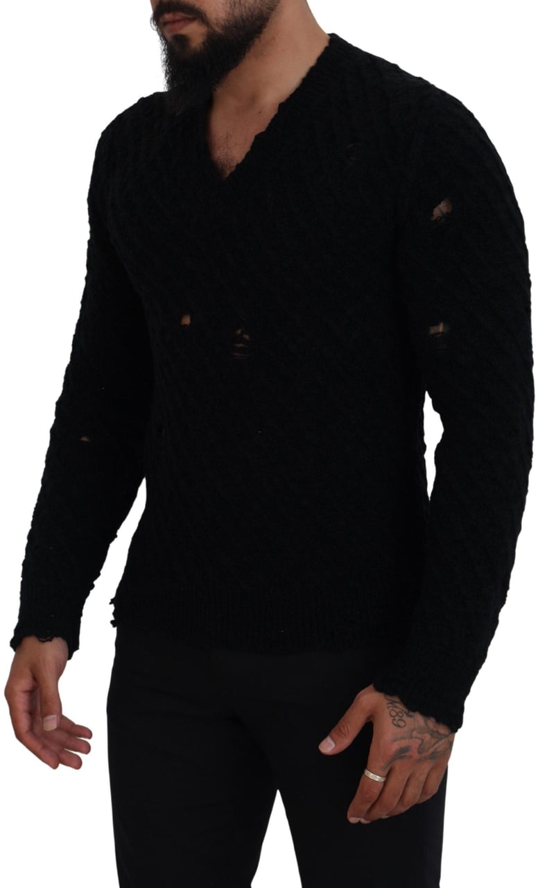 Dolce & Gabbana Black Wool V-neck Knitted Pullover Sweater Zwart