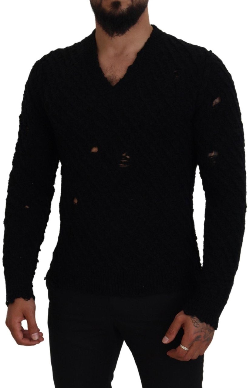 Dolce & Gabbana Black Wool V-neck Knitted Pullover Sweater Zwart