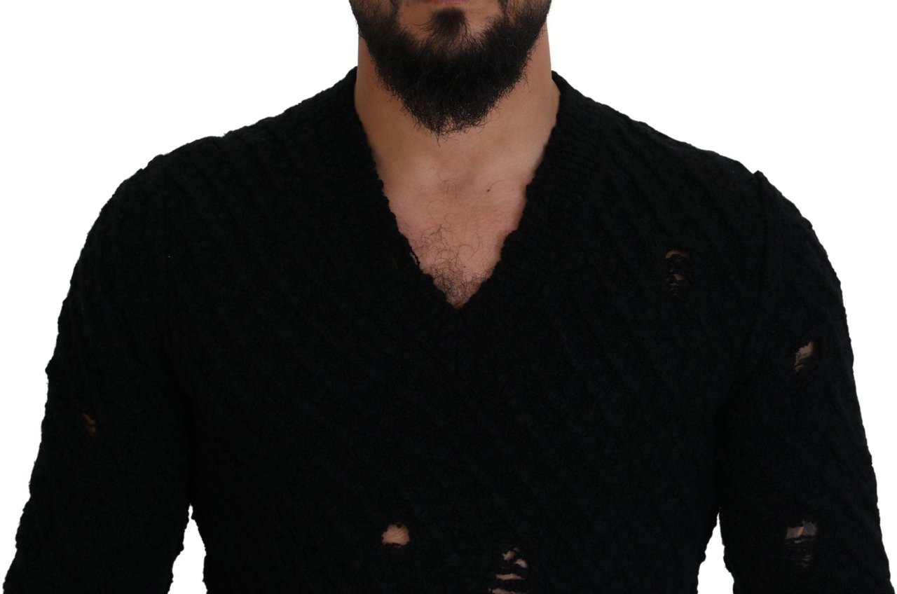 Dolce & Gabbana Black Wool V-neck Knitted Pullover Sweater Zwart
