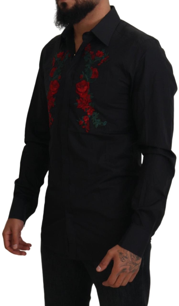 Dolce & Gabbana Black Floral Embroidery Men Long Sleeves GOLD Shirt Zwart