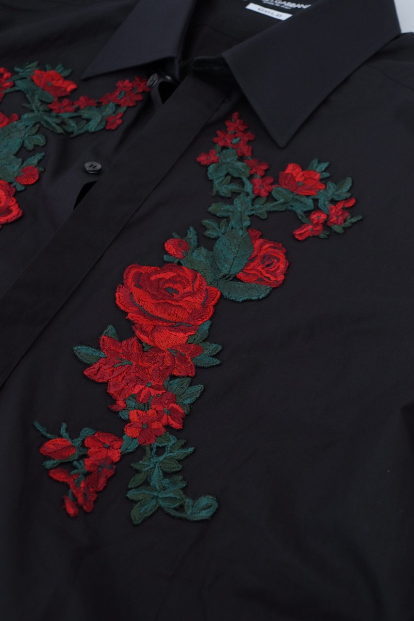 Dolce & Gabbana Black Floral Embroidery Men Long Sleeves GOLD Shirt Zwart