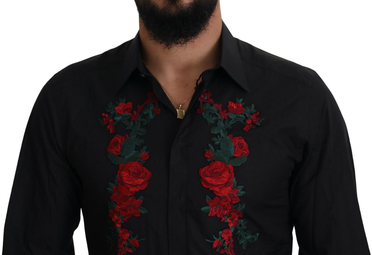 Dolce & Gabbana Black Floral Embroidery Men Long Sleeves GOLD Shirt Zwart