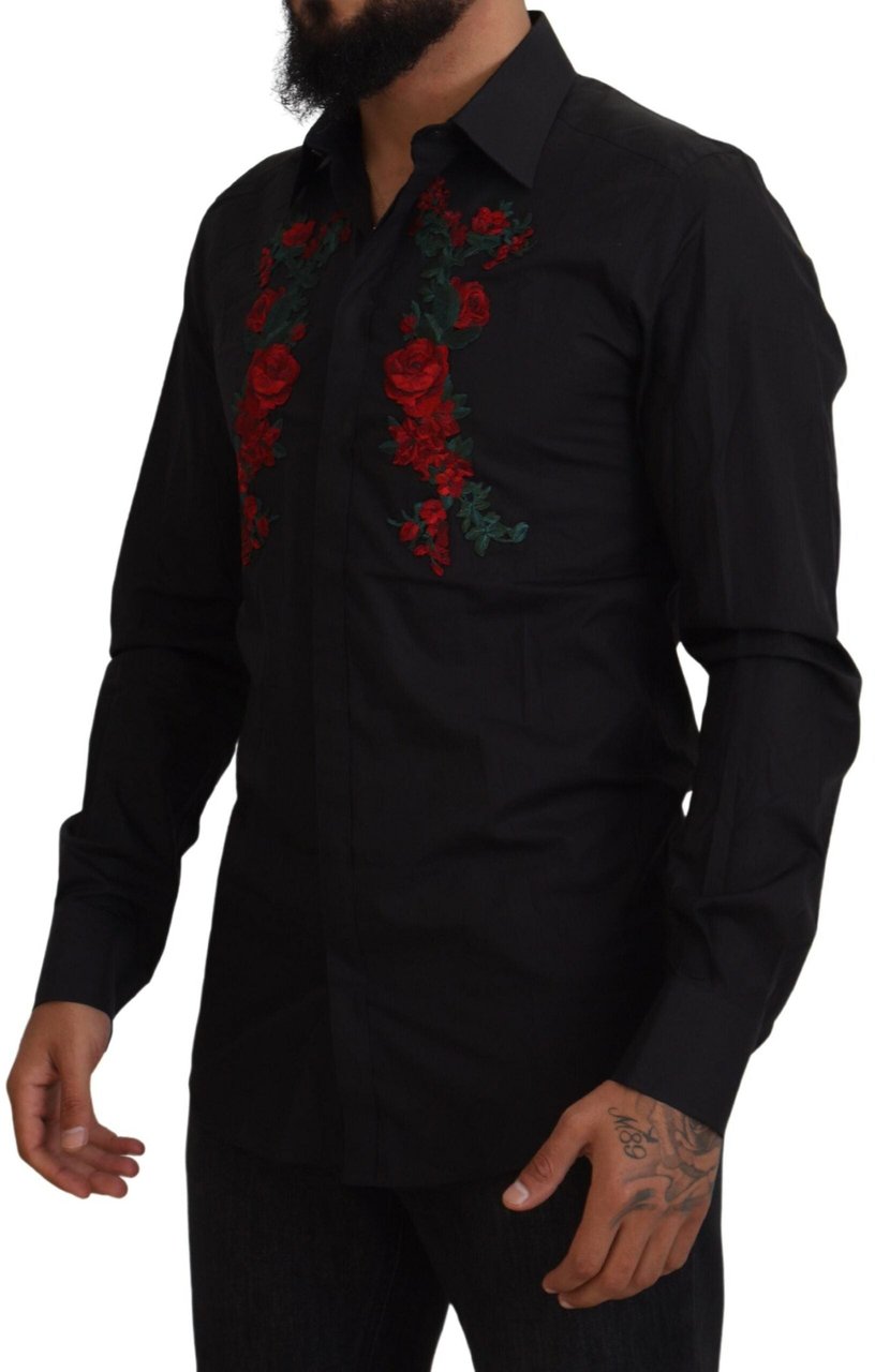 Dolce & Gabbana Black Floral Embroidery Men Long Sleeves GOLD Shirt Zwart