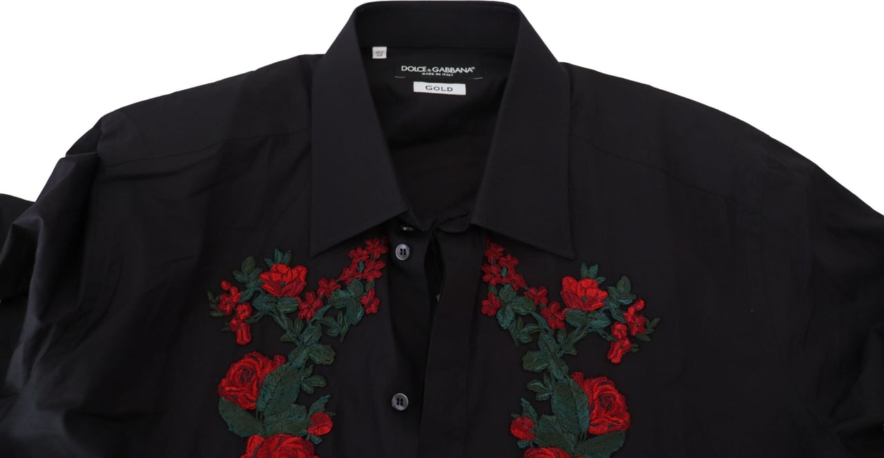 Dolce & Gabbana Black Floral Embroidery Men Long Sleeves GOLD Shirt Zwart