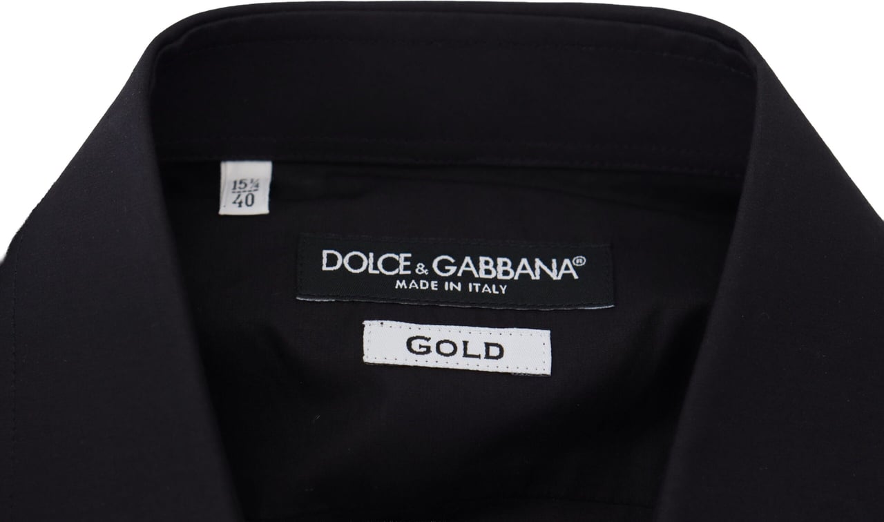 Dolce & Gabbana Black Floral Embroidery Men Long Sleeves GOLD Shirt Zwart