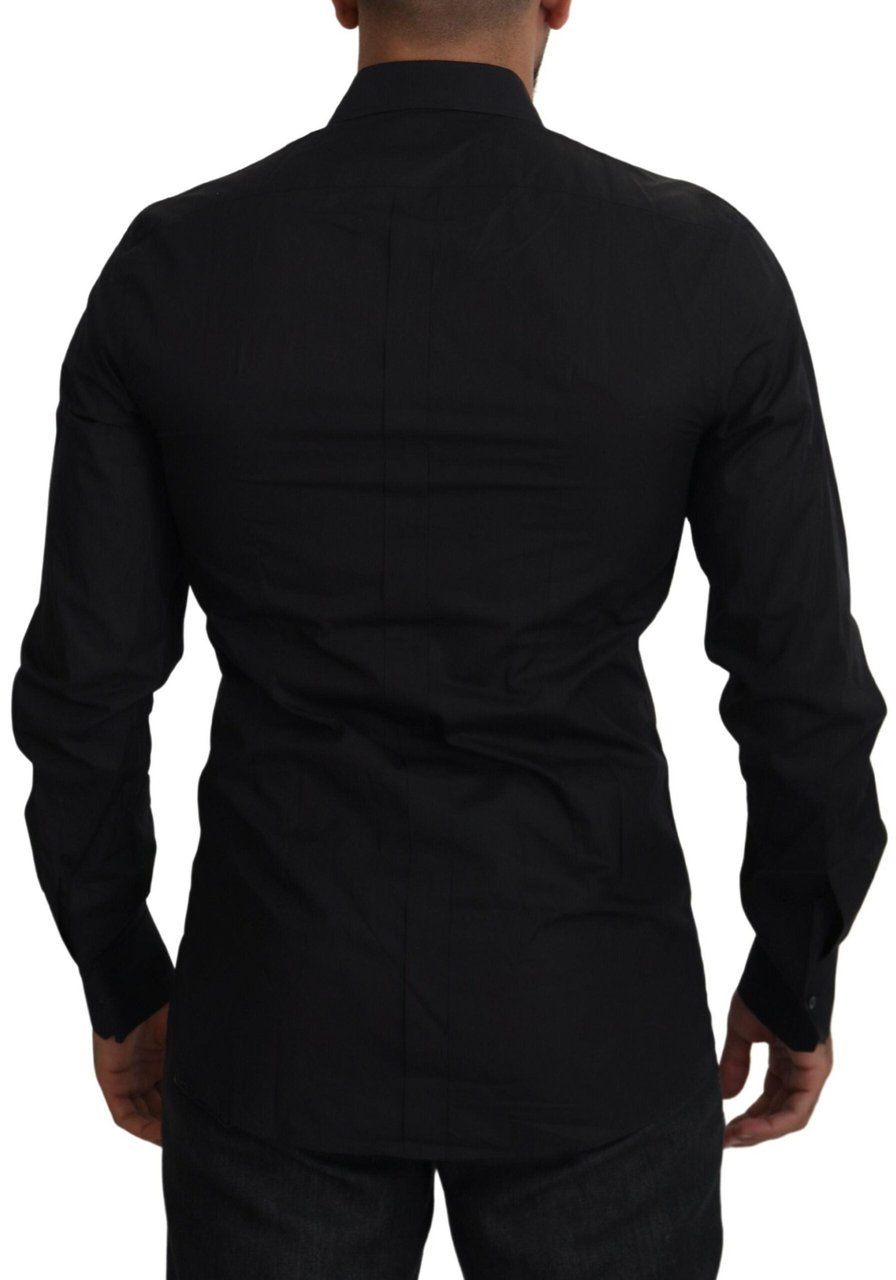 Dolce & Gabbana Black Floral Embroidery Men Long Sleeves GOLD Shirt Zwart