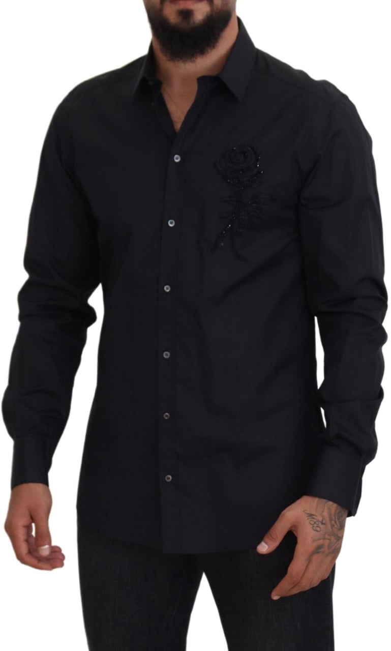 Dolce & Gabbana Black Roses Slim Fit Cotton Shirt Zwart
