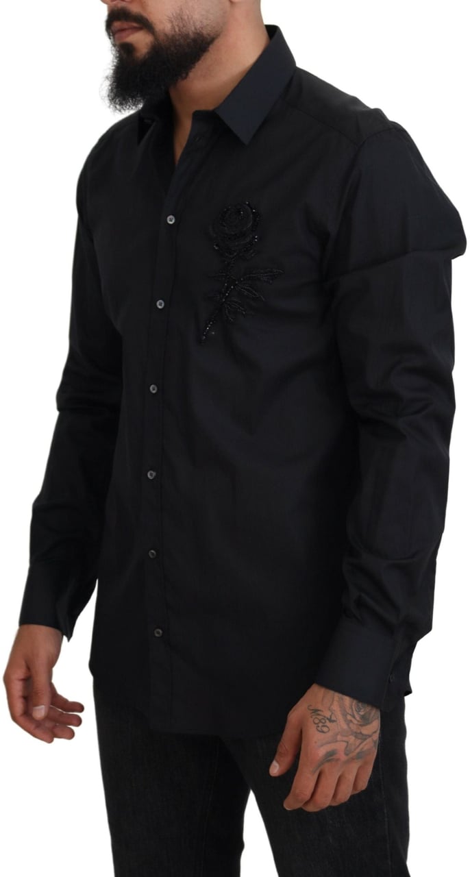Dolce & Gabbana Black Roses Slim Fit Cotton Shirt Zwart