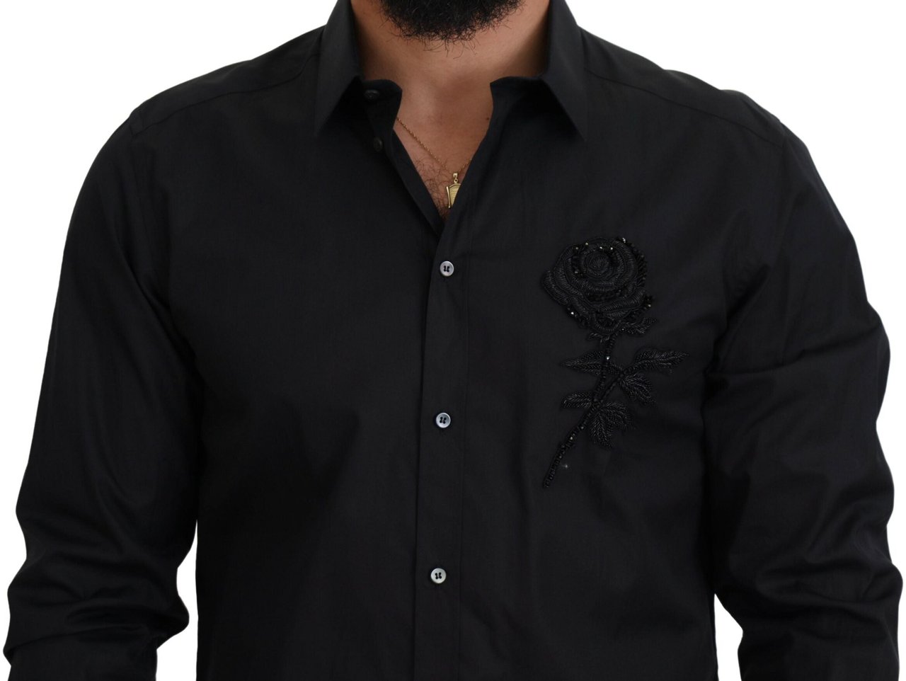 Dolce & Gabbana Black Roses Slim Fit Cotton Shirt Zwart