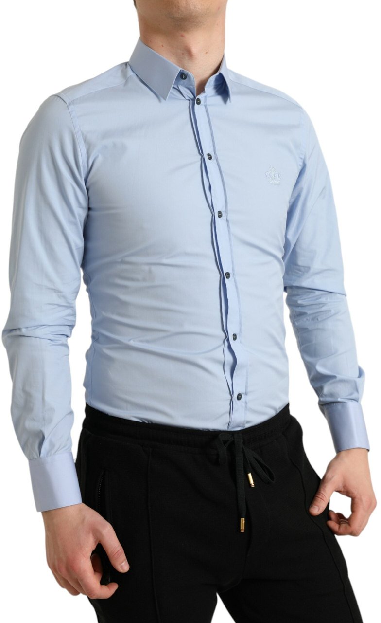 Dolce & Gabbana Sky Blue Cotton Men Formal GOLD Dress Shirt Blauw