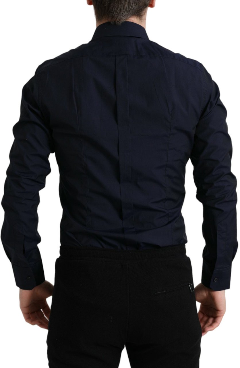 Dolce & Gabbana Navy Blue Slim Fit Formal GOLD Dress Shirt Blauw
