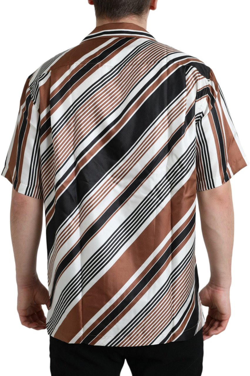 Dolce & Gabbana Brown White Silk Striped Short Sleeve Shirt Divers