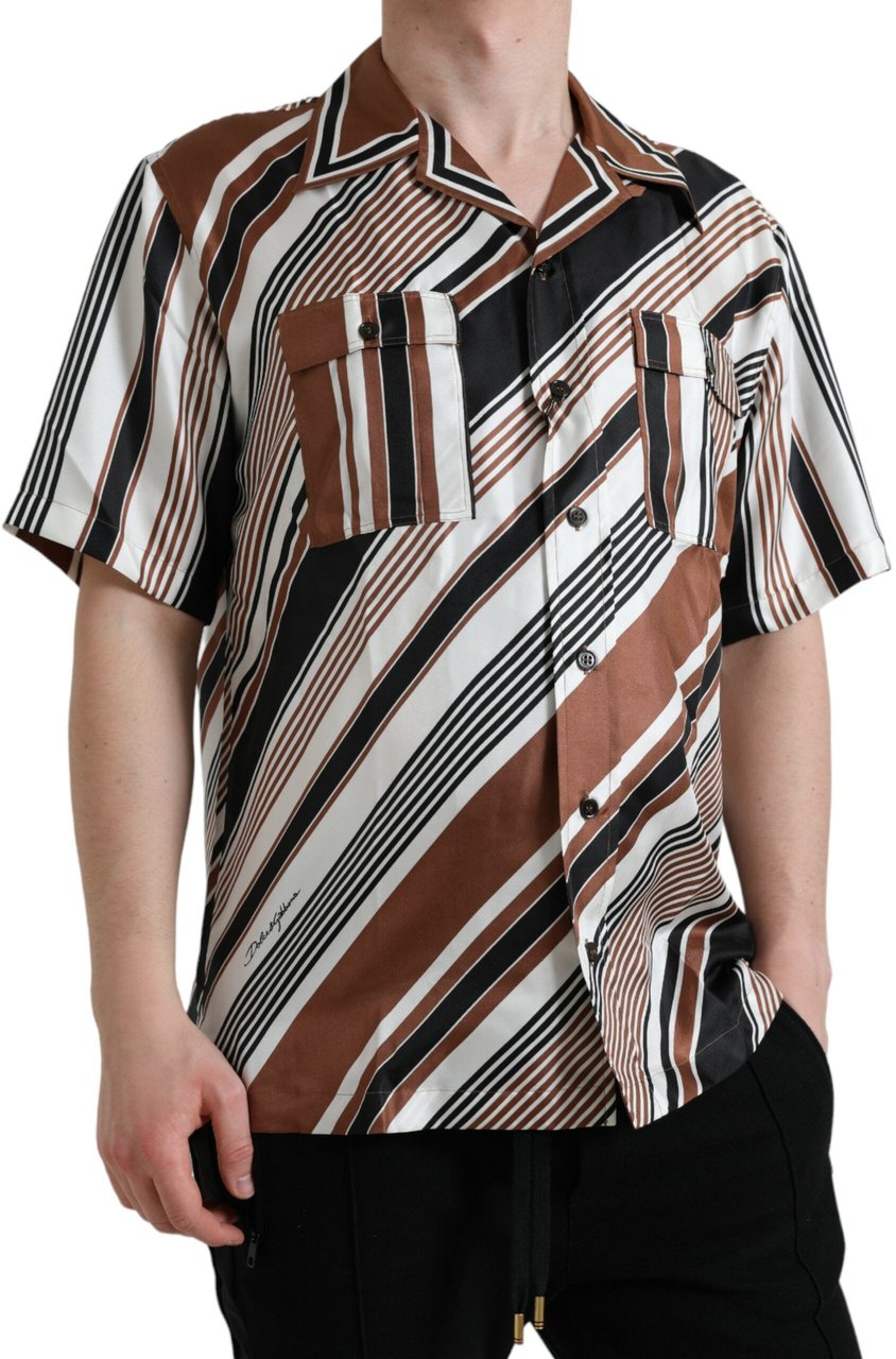 Dolce & Gabbana Brown White Silk Striped Short Sleeve Shirt Divers
