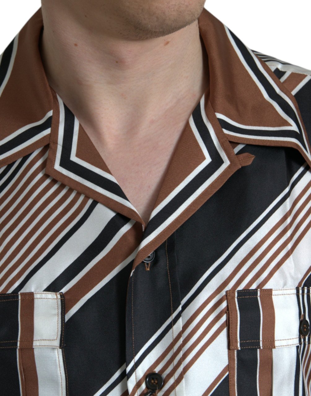 Dolce & Gabbana Brown White Silk Striped Short Sleeve Shirt Divers